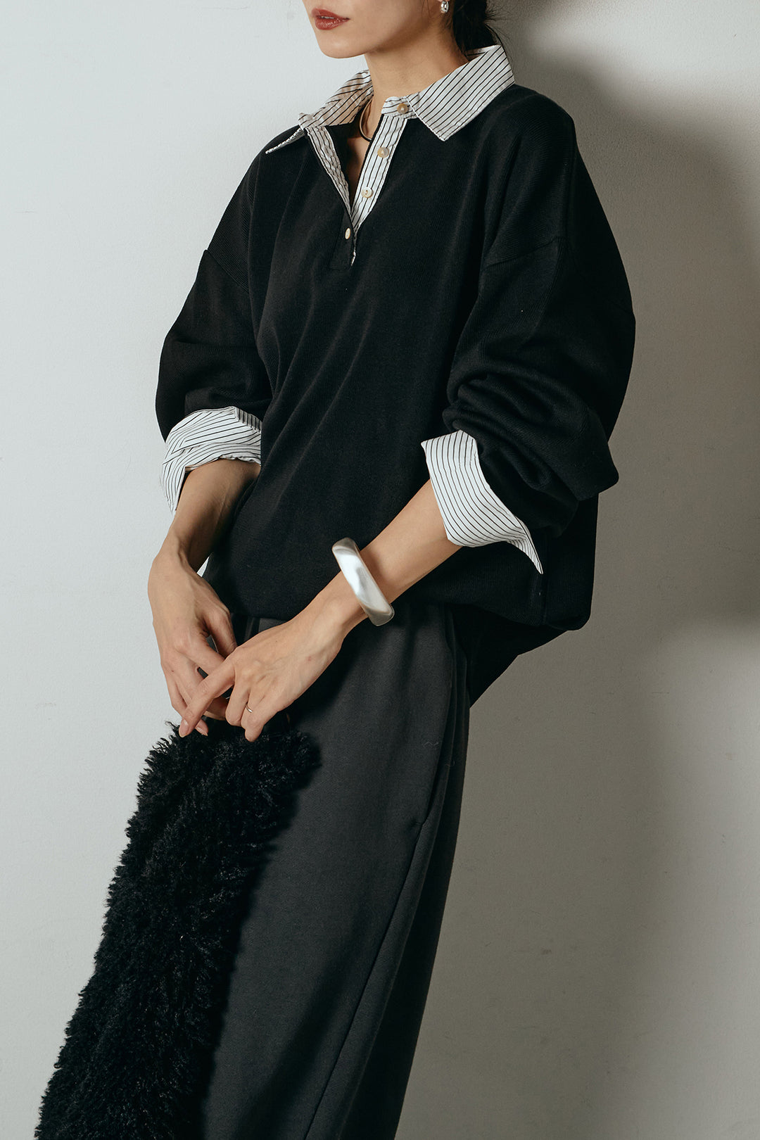 [SET]ストライプシャツドッキングポロトップス+裏起毛スウェットワイドパンツ(2set)