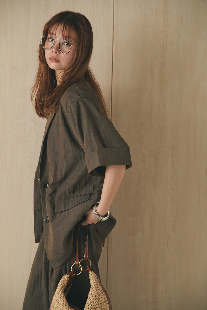 [SET]リネンライクテーラードハーフスリーブジャケット+リネンライク2タックワイドパンツ(2set)