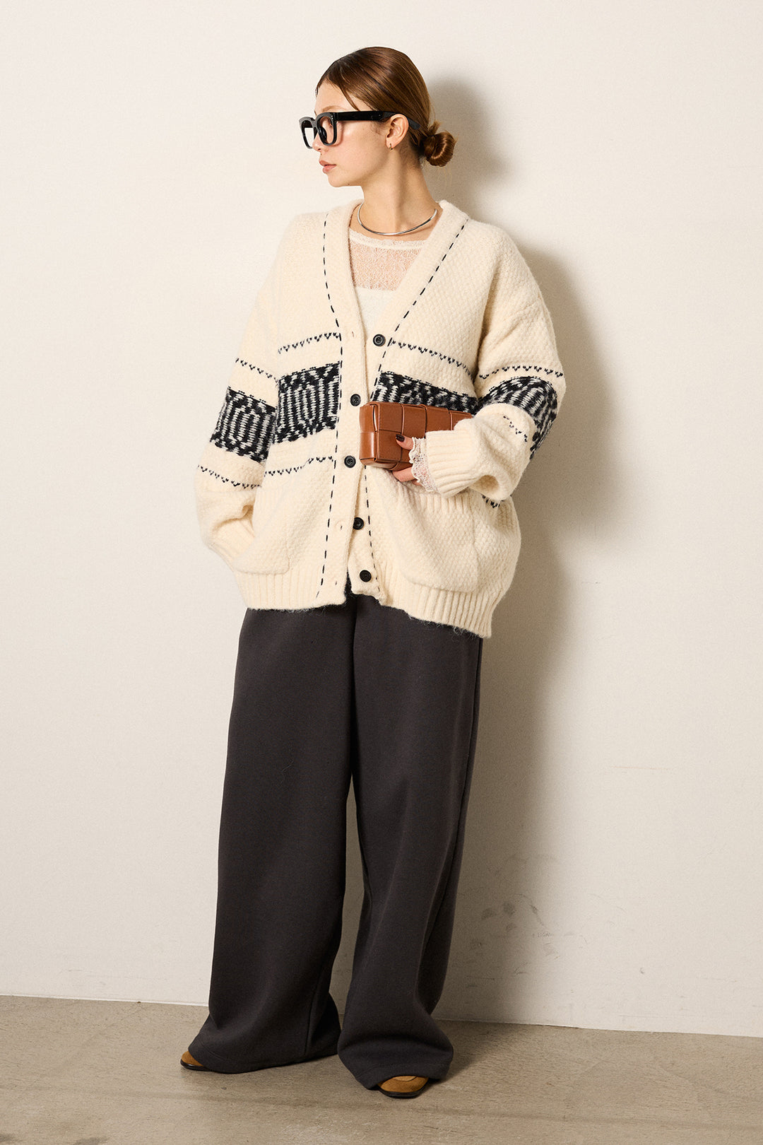 [SET]ライン柄ステッチニットカーディガン+2WAY袖コード刺繍クルーネックプルオーバー(2set)