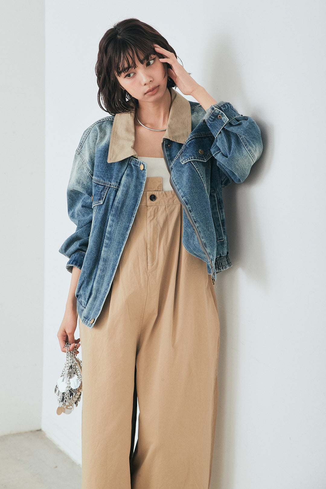 [SET]襟切り替えジップデニムジャケット+綿ツイルアシメサロペット(2set)