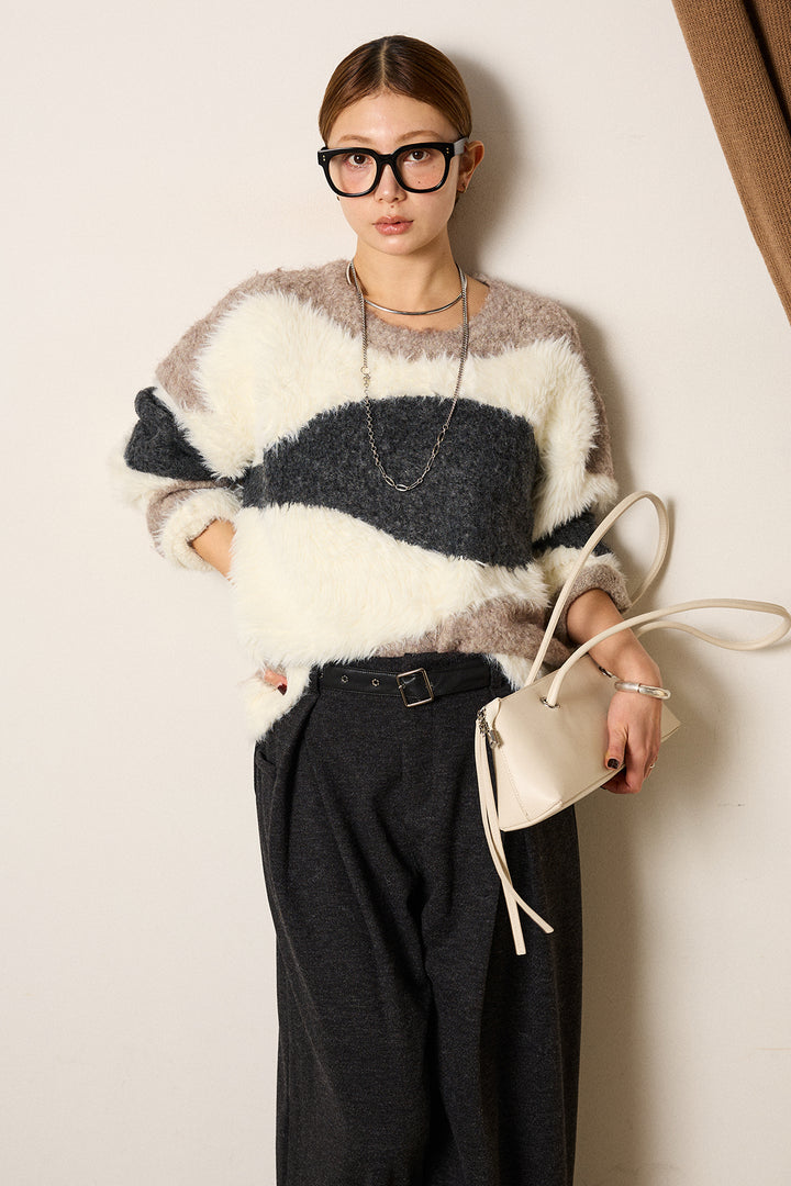 [SET]シャギーウェーブ柄クルーネックニットトップス+細ベルト付き起毛タックワイドパンツ(2set)