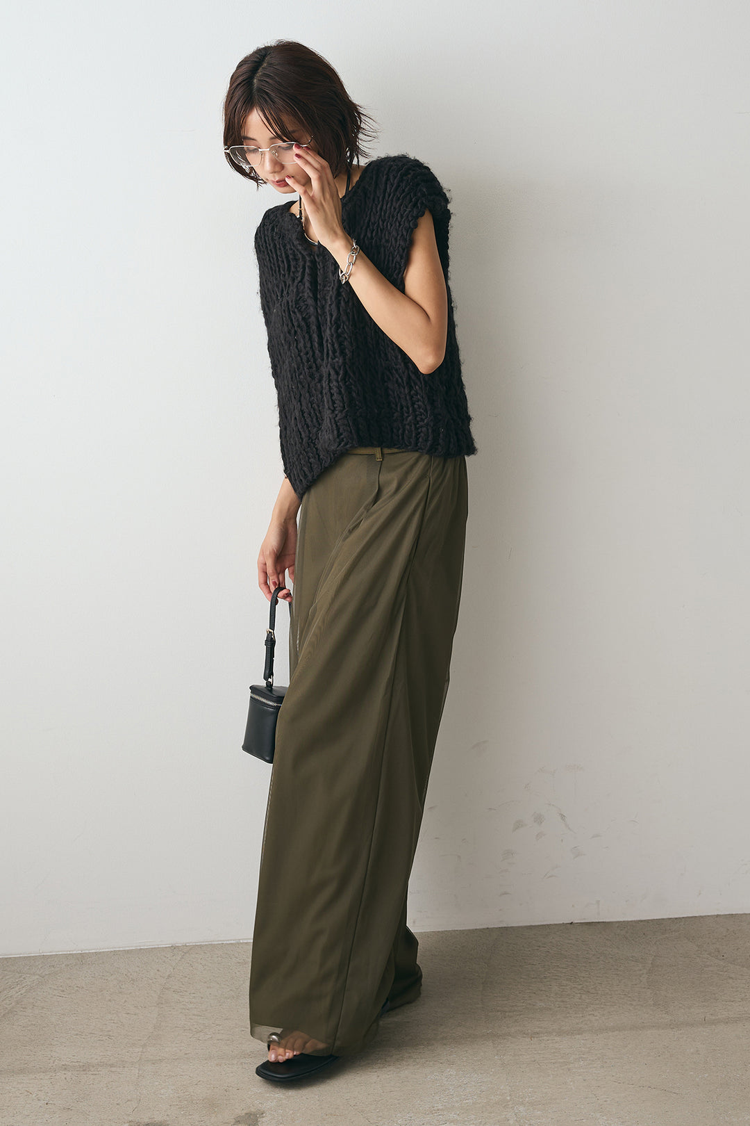 [SET]ハンドニットロービングベスト+ツイル*レイヤードチュールパンツ(2set)