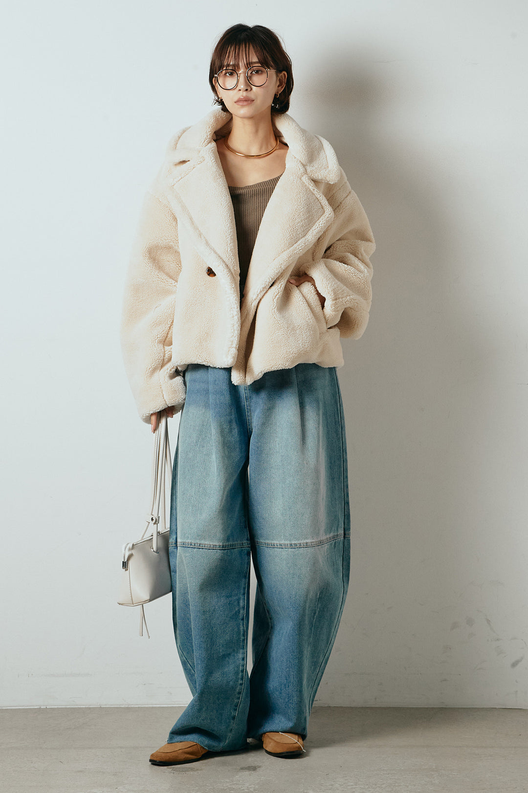 【2月中旬発送】
[SET]テディボアショートジャケット+加工デニムタックコクーンワイドパンツ(2set)