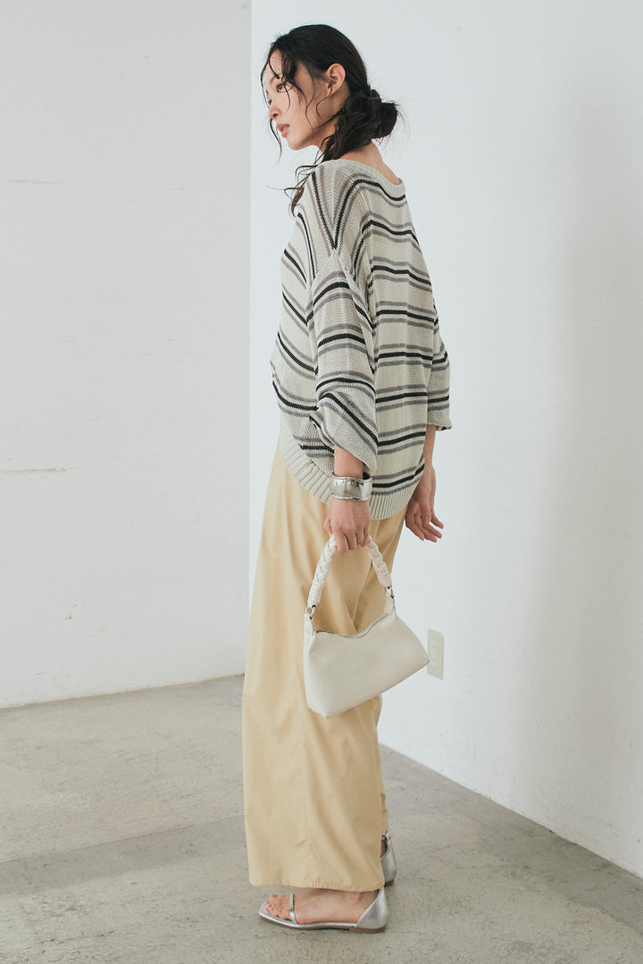 [SET]綿タッチVネックボーダートップス+ウォッシャブルエコレザータックパンツ(2set)