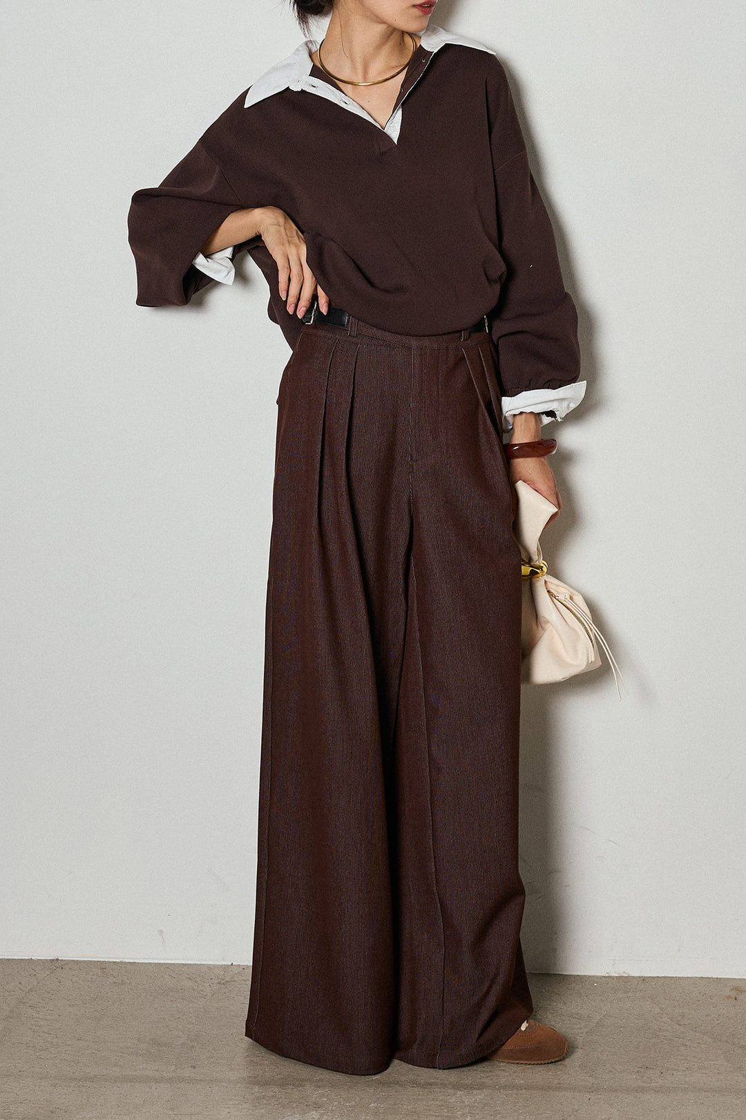 【即納】ウエストベルト付きタックワイドパンツ