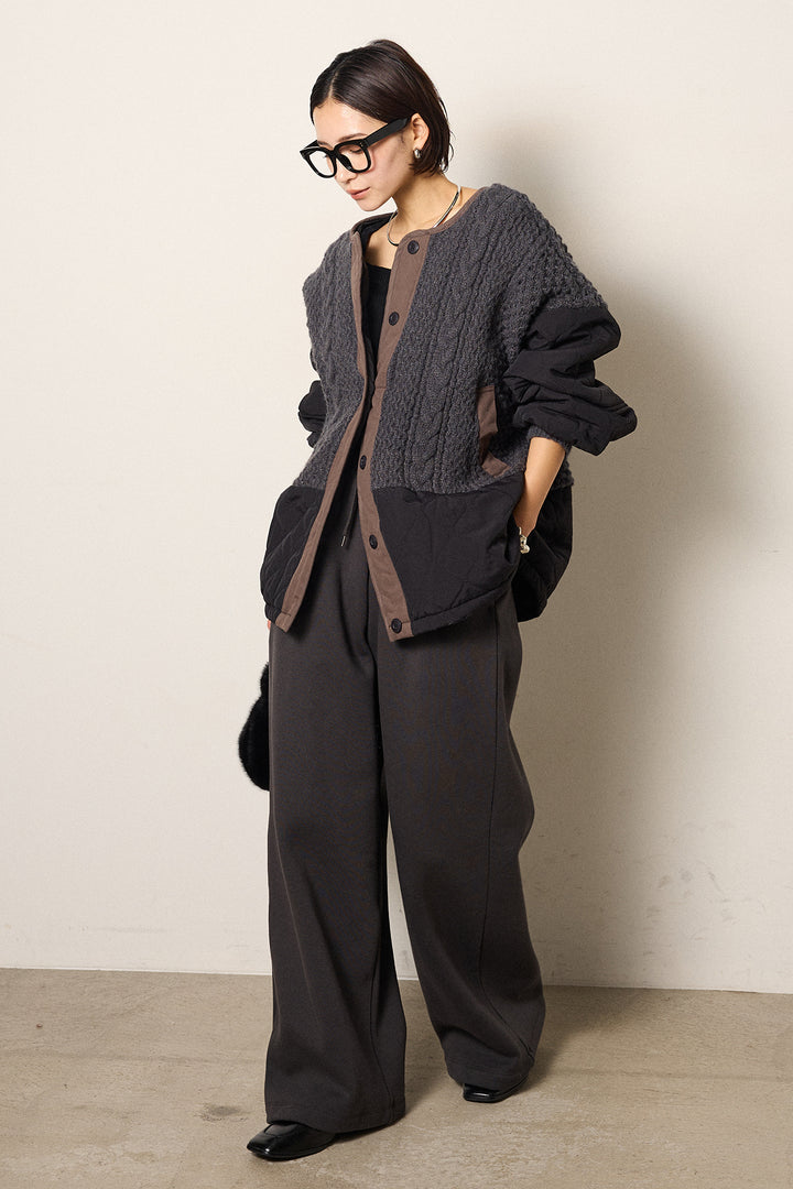 [SET]アラン編みニットノーカラー裾キルティングブルゾン+裏起毛スウェットワイドパンツ(2set)