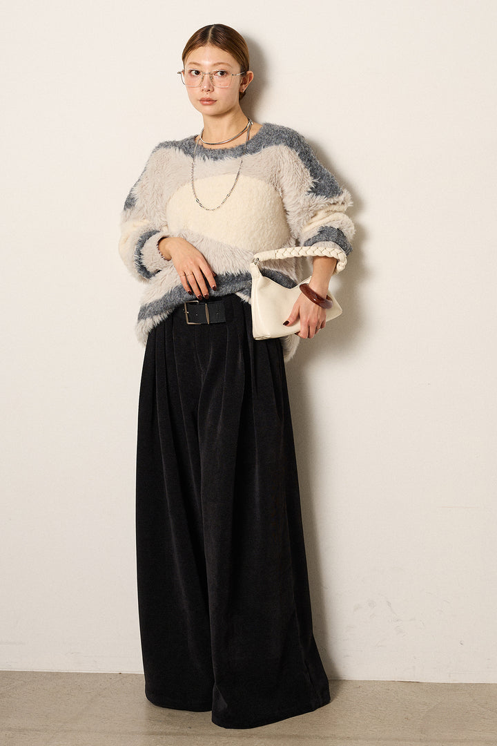 [SET]シャギーウェーブ柄クルーネックニットトップス+ベルトループコーデュロイワイドパンツ(2set)