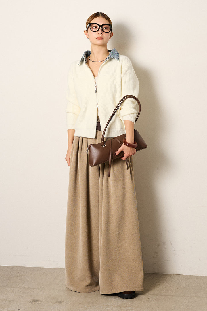 [SET]デニム襟ダブルジップニットトップス+ベルトループコーデュロイワイドパンツ(2set)