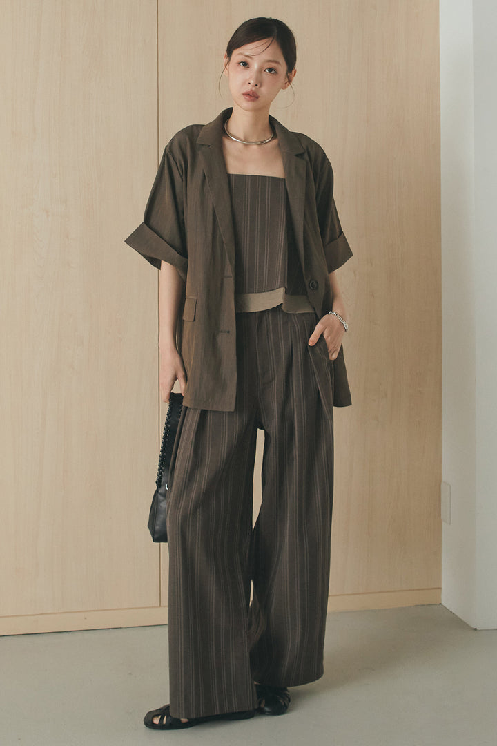 [SET]リネンライクテーラードハーフスリーブジャケット+リネンストライプタックワイドパンツ+リネンストライプレイヤードキャミ(3set)