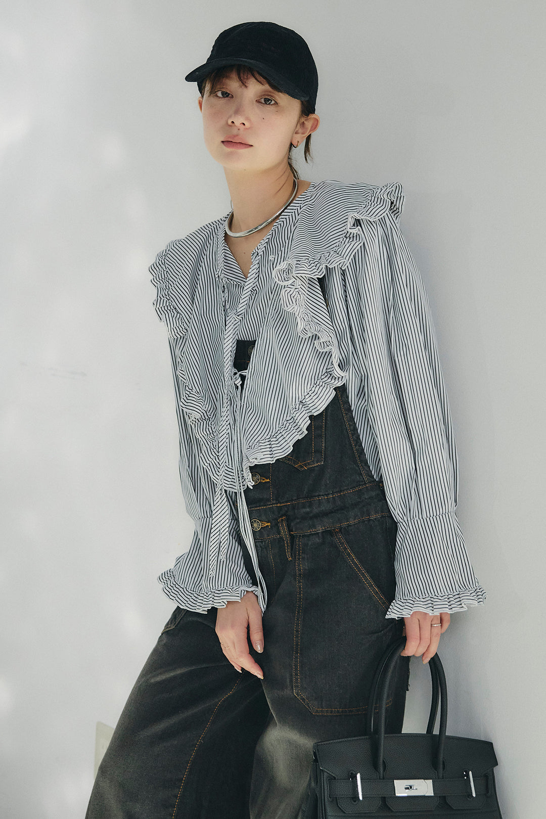 [SET]コットンフリルブラウス+デニムサロペットワイドパンツ(2set)