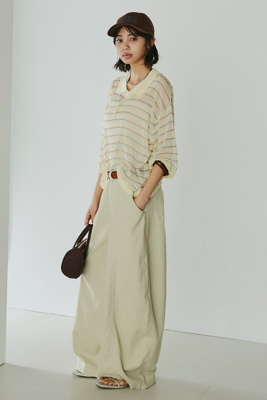 [SET]ボーダーニットポロシャツ+サイドベルトカーブワイドパンツ(2set)