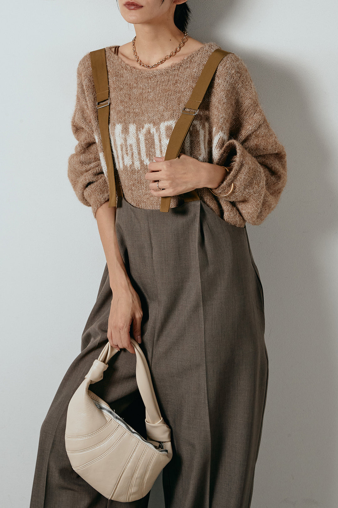 [SET]フロントロゴデザインニットトップス+ワイドツイルサロペット(2set)