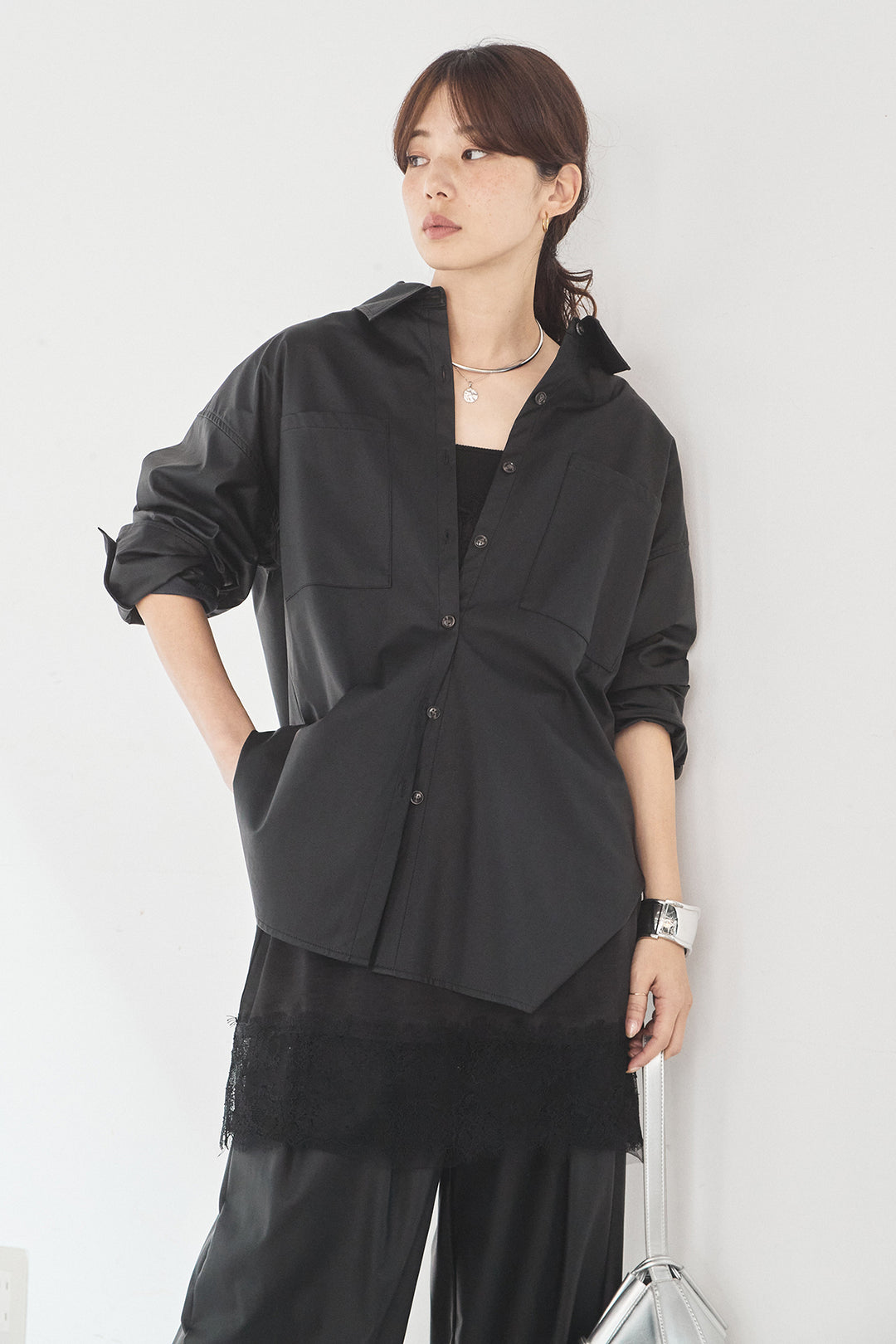 [SET]ウォッシャブルエコレザービックカフスシャツ+ウォッシャブルエコレザータックパンツ(2set)