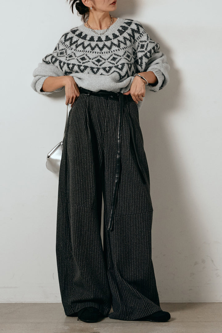 [SET]ノルディック柄Uネックプルオーバー+レザーライク配色ストライプパンツ(2set)