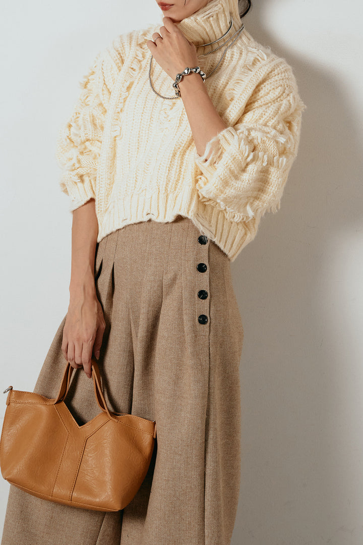 [SET]フリンジタートルショートニット+サイドボタンツイードタックパンツ(2set)