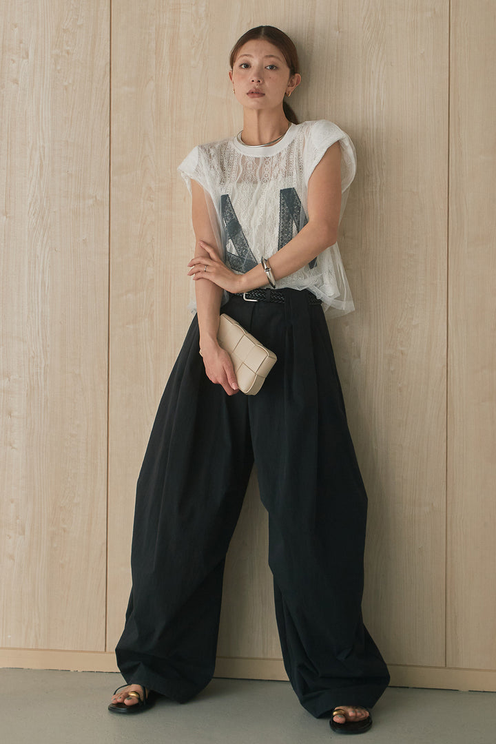[SET]ロゴレースチュール重ねトップス+ニーサイドタックボリュームカーブパンツ(2set)