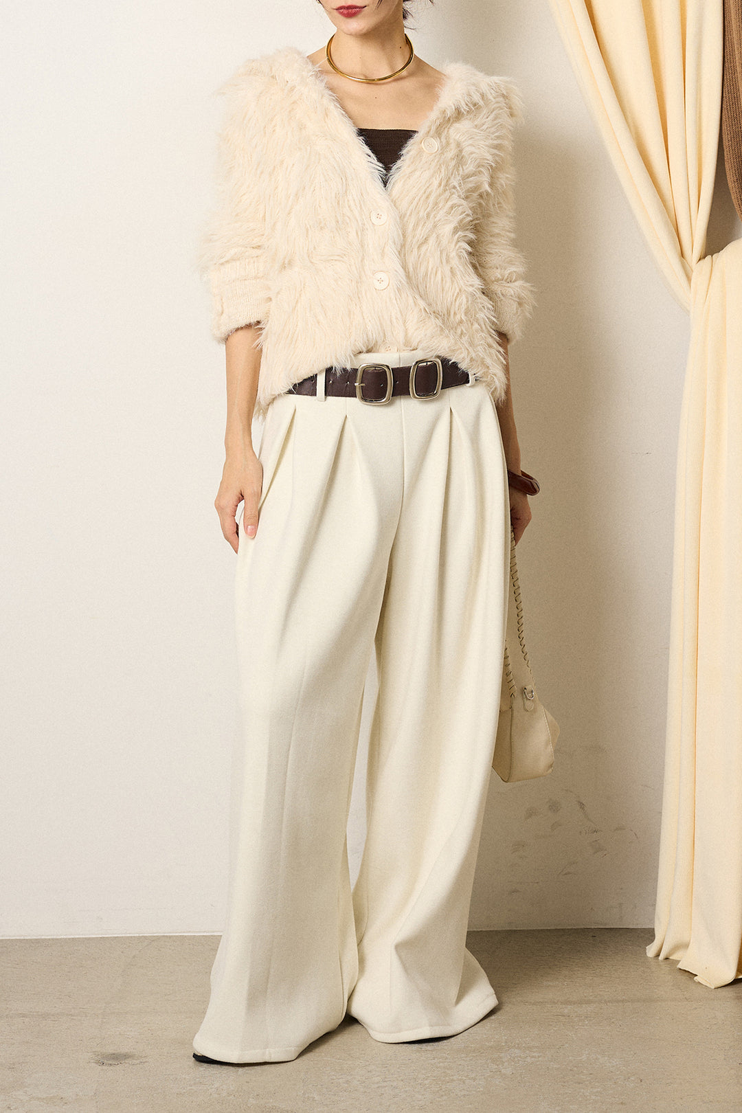 [SET]襟付きシャギーニットカーディガン+フェイクレザー太ベルト付きタックワイドパンツ(2set)