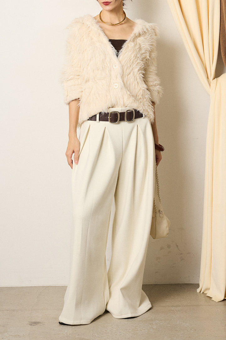 [SET]襟付きシャギーニットカーディガン+フェイクレザー太ベルト付きタックワイドパンツ(2set)