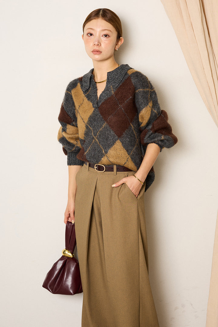 [SET]アクリルモヘアアーガイルキーネックプルオーバー+フロントワイドタックネップ入ワイドパンツ(2set)