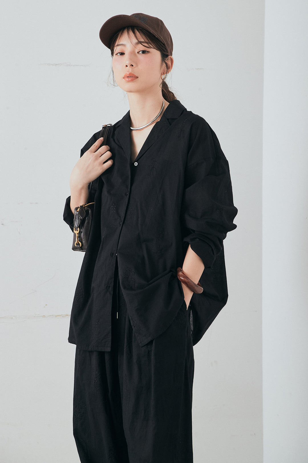 [SET]刺繍ローンオープンカラーシャツ+刺繍ローンタックイージーパンツ(2set)