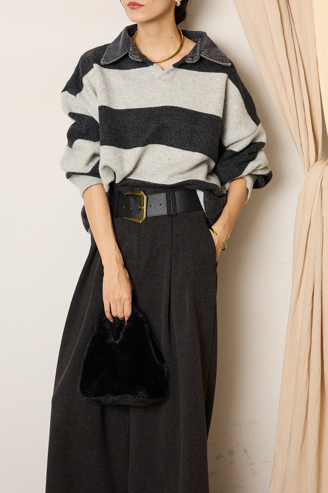 [SET]デニムカラーボーダールーズニット+ゴールドバックル太ベルト付きワイドパンツ(2set)