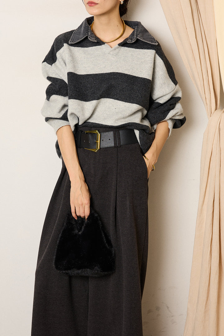 [SET]デニムカラーボーダールーズニット+ゴールドバックル太ベルト付きワイドパンツ(2set)