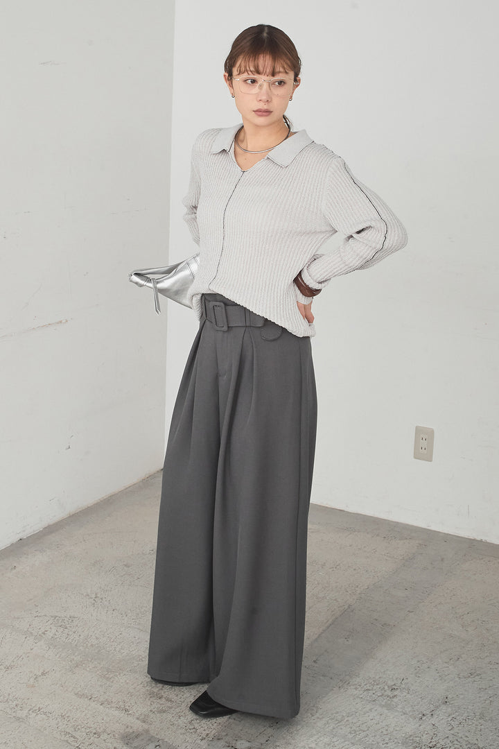 [SET]衿付きニットプルオーバー+ベルト付きツータックワイドパンツ(2set)