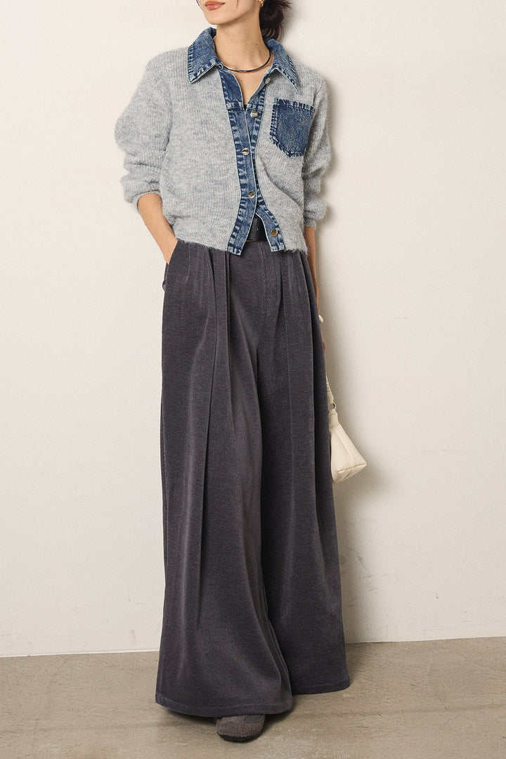 [SET]襟付きデニム切替ニットカーディガン+ベルトループコーデュロイワイドパンツ(2set)