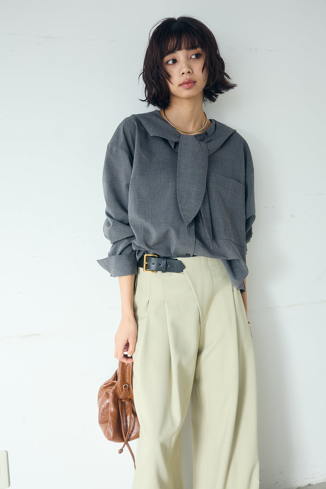 [SET]無地タイ付フーディーBIGシャツ+サイドベルトタック入りスラックス(2set)