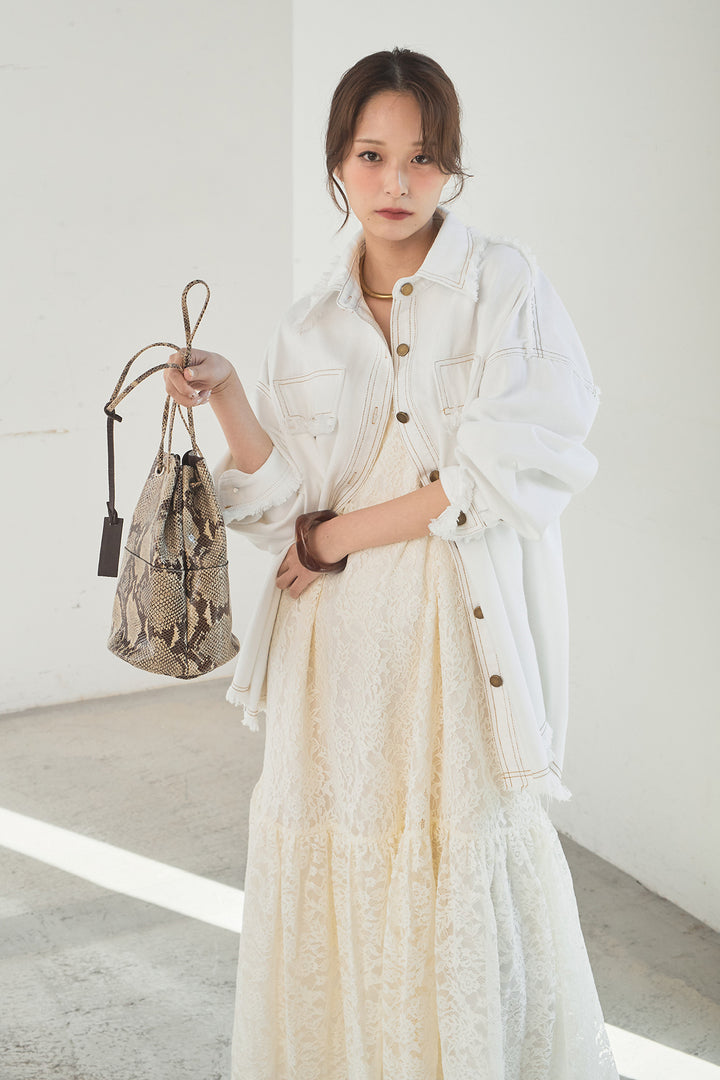 [SET]フリンジデニムジャケット+レース刺繍フレアキャミワンピース(2set)