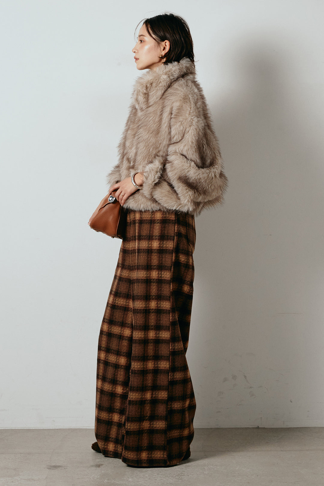 [SET]エコファーショート丈ブルゾン+ルーズタータンチェックワイドパンツ(2set)