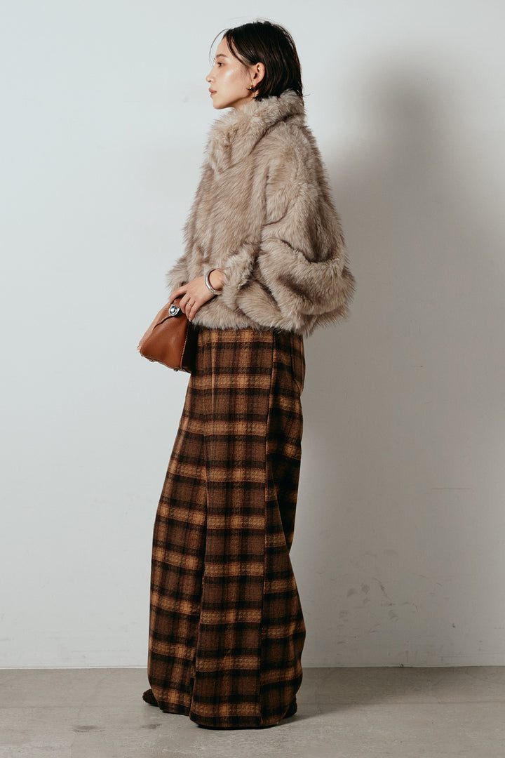 [SET]エコファーショート丈ブルゾン+ルーズタータンチェックワイドパンツ(2set)