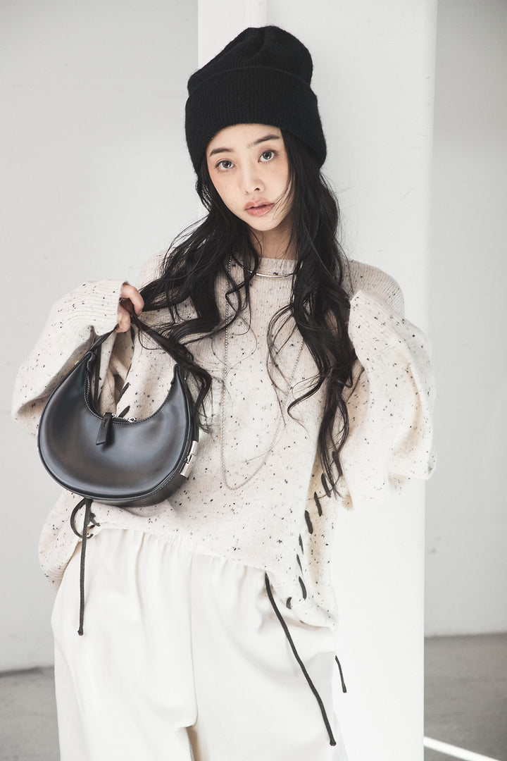 [SET]ネップ編み上げニットトップス+裏起毛スウェットワイドパンツ(2set)