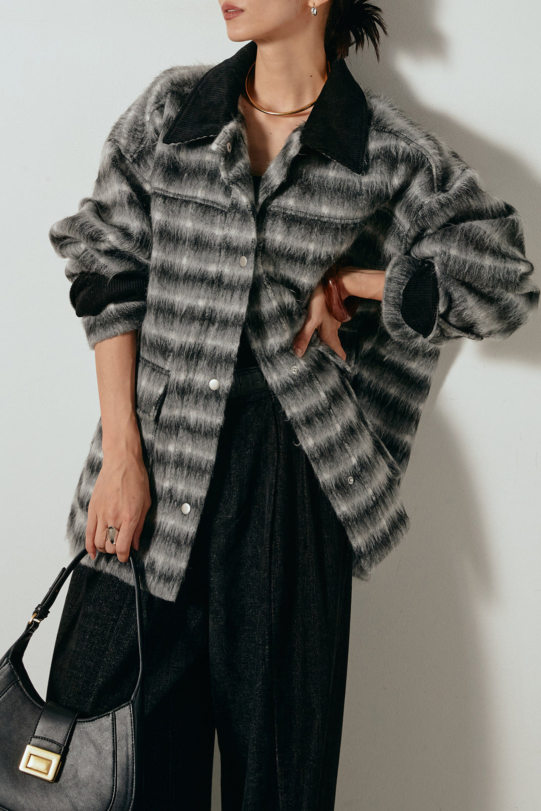 [SET]チェックシャギーミドルカバーオール+フェイクレザーベルト付きスウェードライクワイドパンツ(2set)