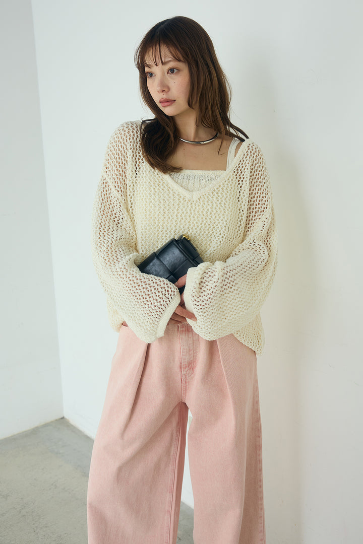 [SET]メッシュ編みビスチェセットVネックプルオーバー+カラーデニムタックカーブパンツ(2set)