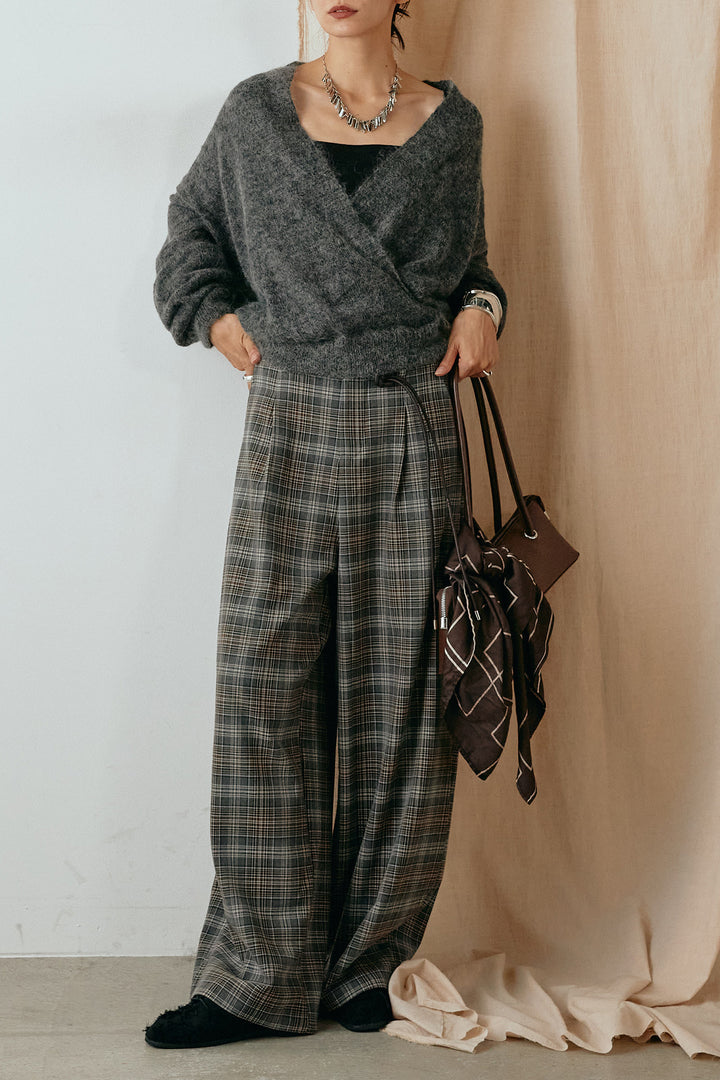 [SET]カシュクールデザインニット+編みベルト付きタータンチェックワイドパンツ(2set)