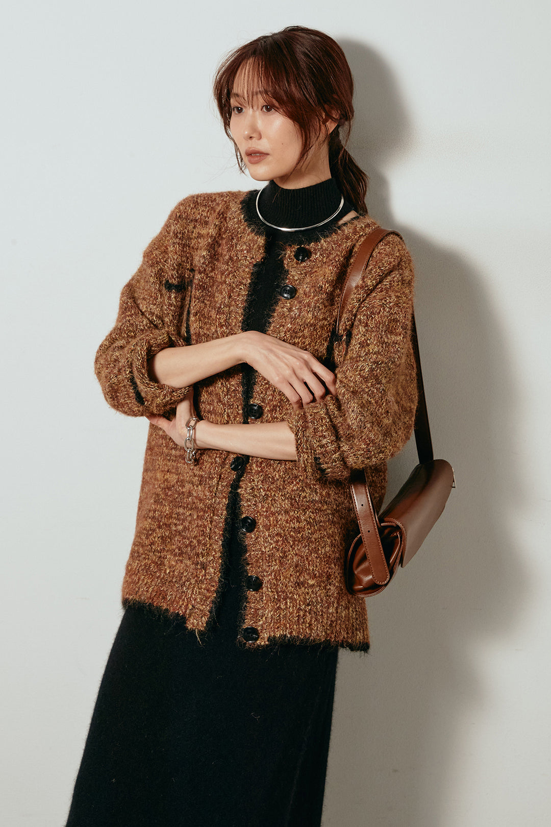 [SET]ミックスニットポケットカーディガン+ノースリーブニットロングワンピース(2set)