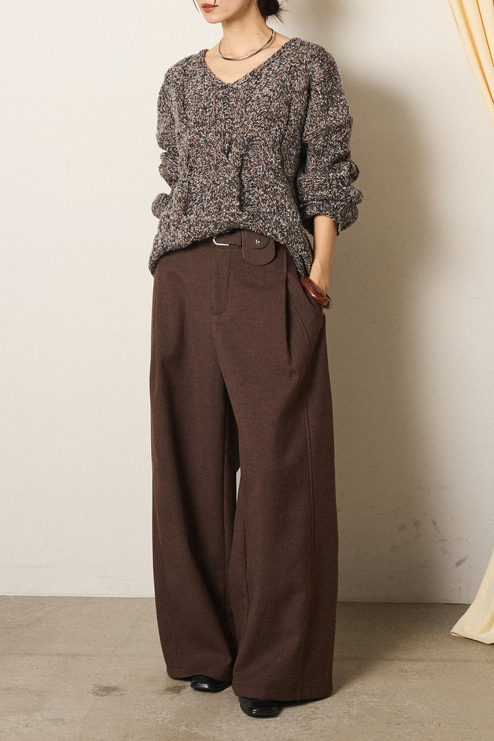 [SET]Vネックミックス編みニットトップス+ポーチベルト付きカーブパンツ(2set)