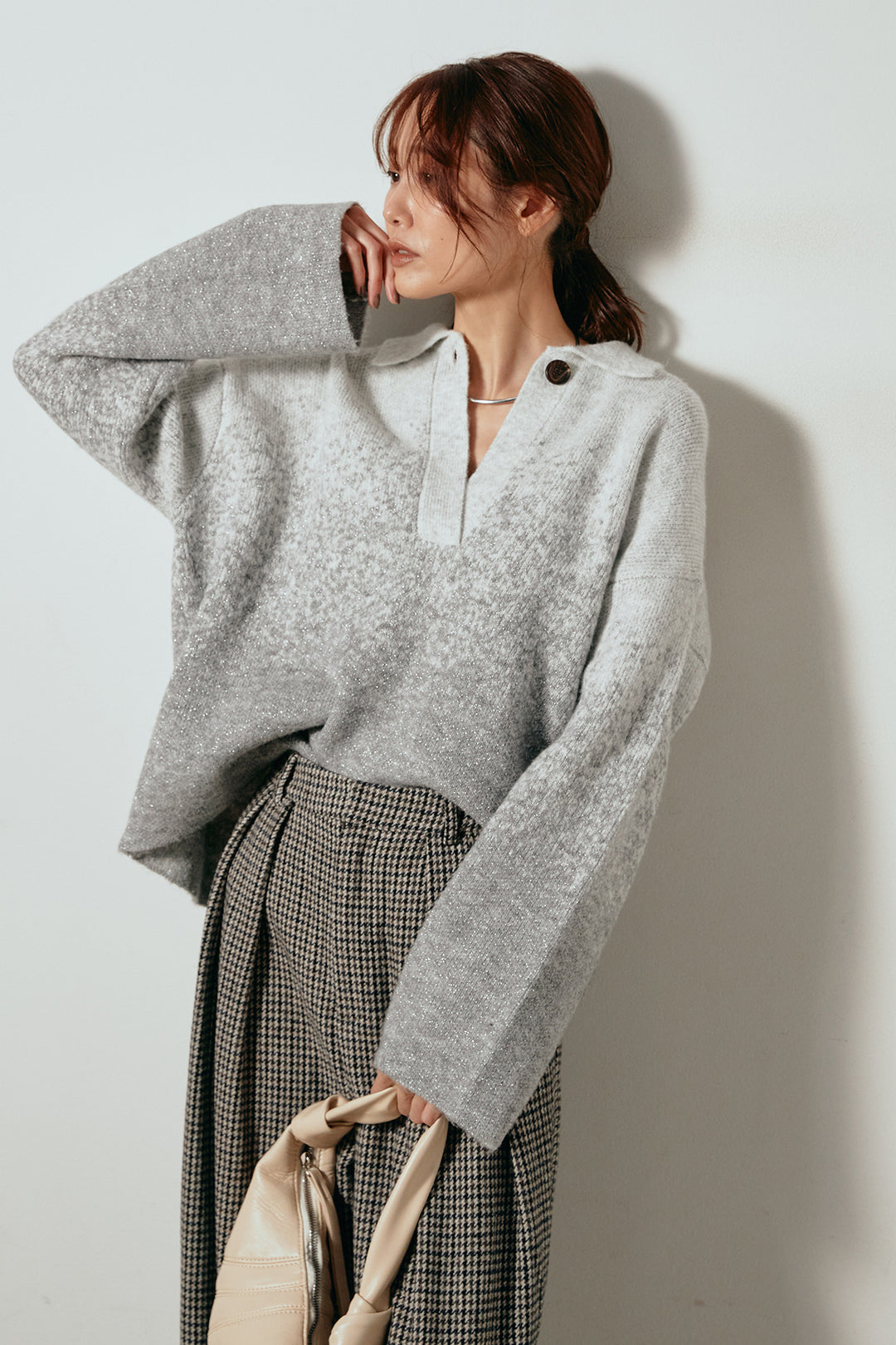 [SET]グラデーションラメニットキーネックプルオーバー+ガンクラブチェックタックパンツ(2set)