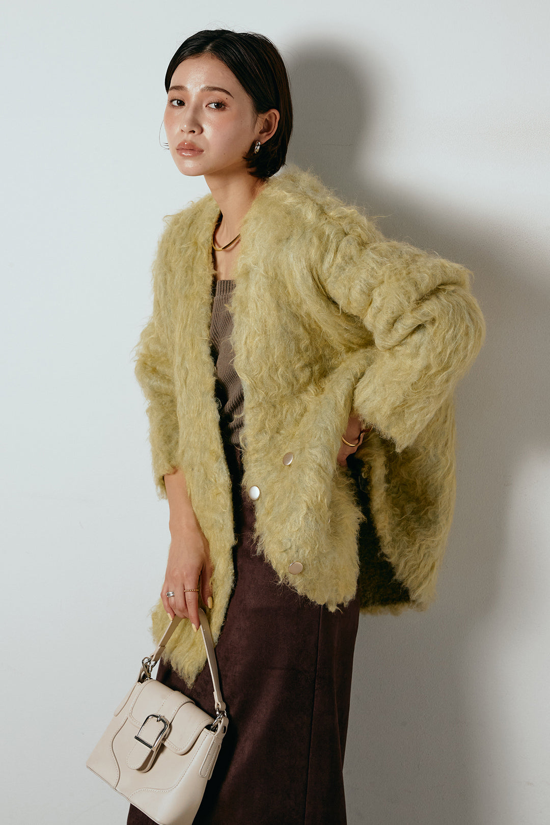 [SET]ウェーブシャギーニットジャケット+スウェードライク裾フリンジスカート(2set)