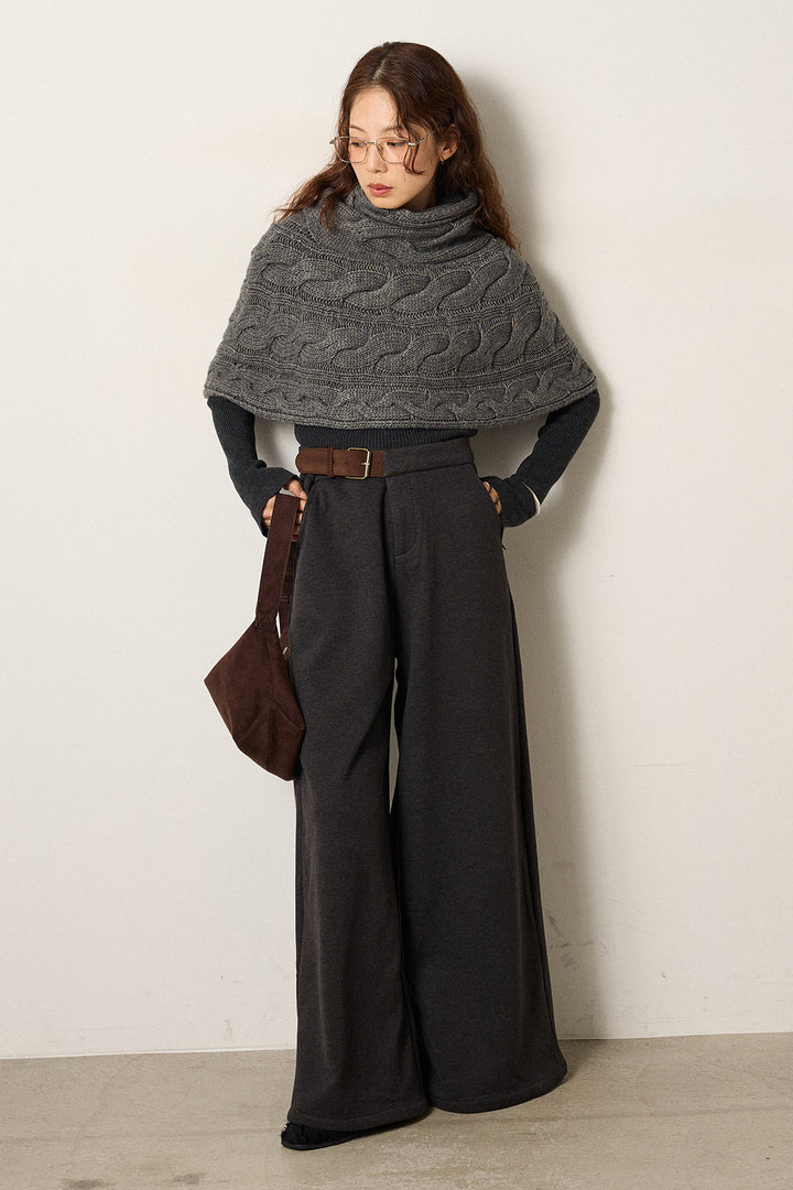 [SET]ケーブル編みケープレイヤードニット+サイドベルトパンツ(2set)