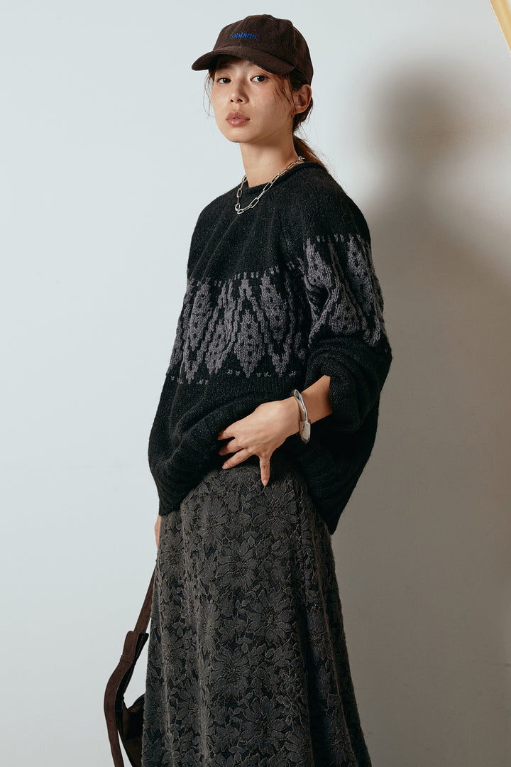 [SET]モノトーン柄ニットトップス+花柄刺繍ベロアフレアスカート(2set)