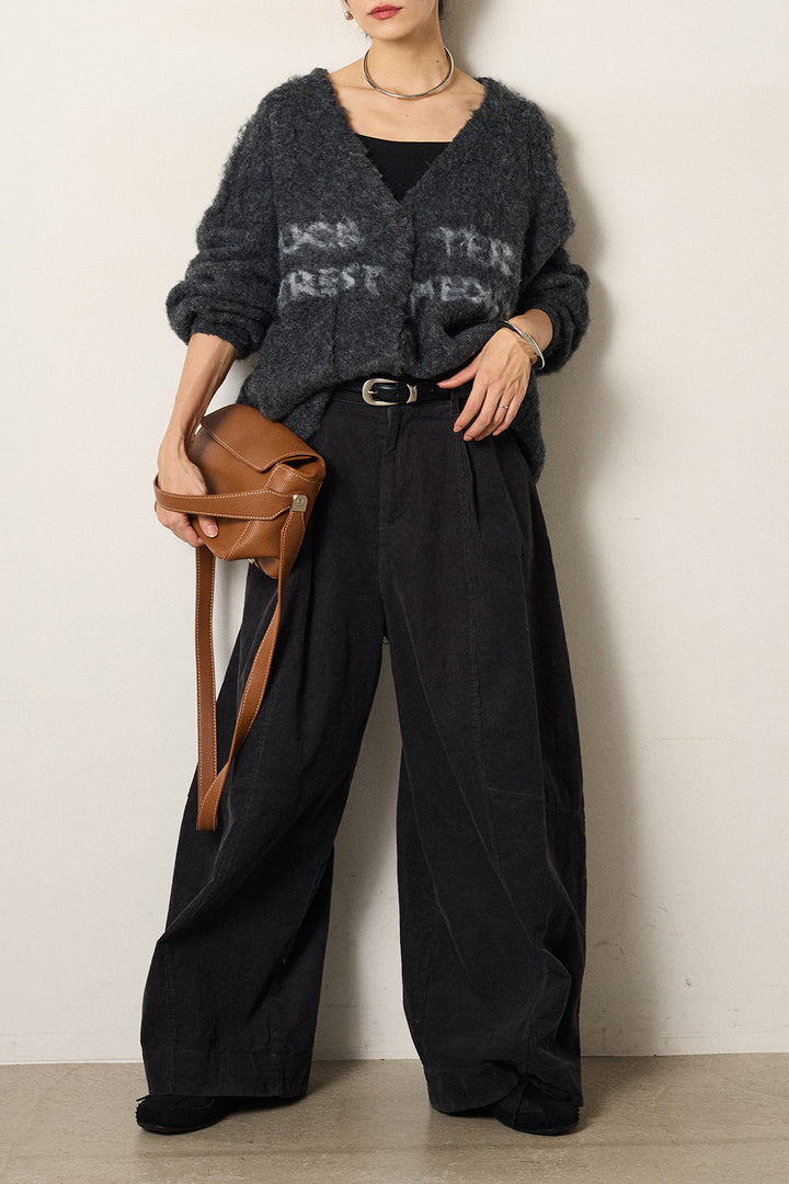 [SET]ウール混透かしロゴニットカーディガン+タック入りコーデュロイワイドパンツ(2set)