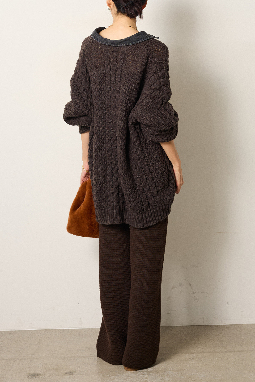 [SET]デニムカラーケーブルオーバーニット+ワイドリブニットイージーパンツ(2set)