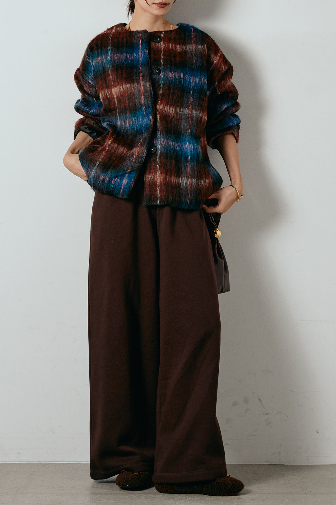 [SET]ノーカラーシャギーチェックアウター+裏起毛スウェットワイドパンツ(2set)