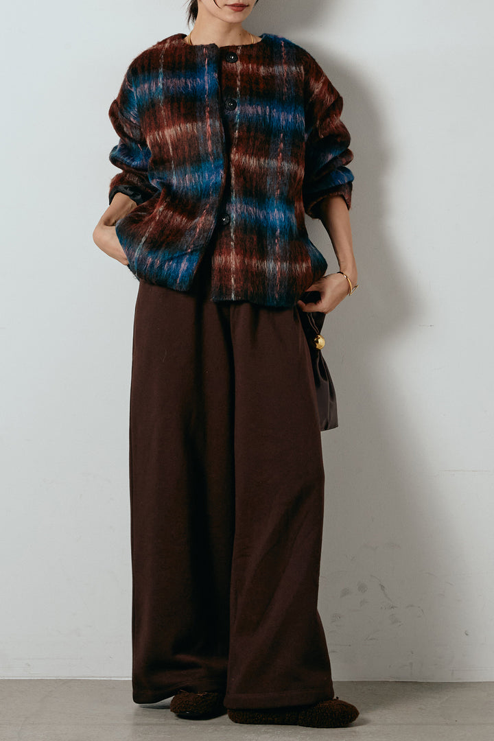 [SET]ノーカラーシャギーチェックアウター+裏起毛スウェットワイドパンツ(2set)