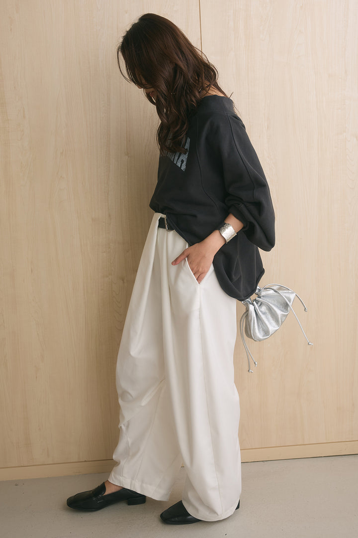 [SET]裏毛パフスリーブロゴスウェット+サイドベルトデザインタックワイドパンツ(2set)