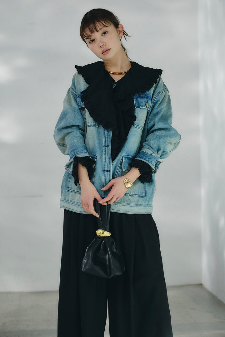 [SET]ノーカラーデニムポケットジャケット+コットンフリルブラウス+ベルト付きタックデザインハイウエストロングパンツ(3set)