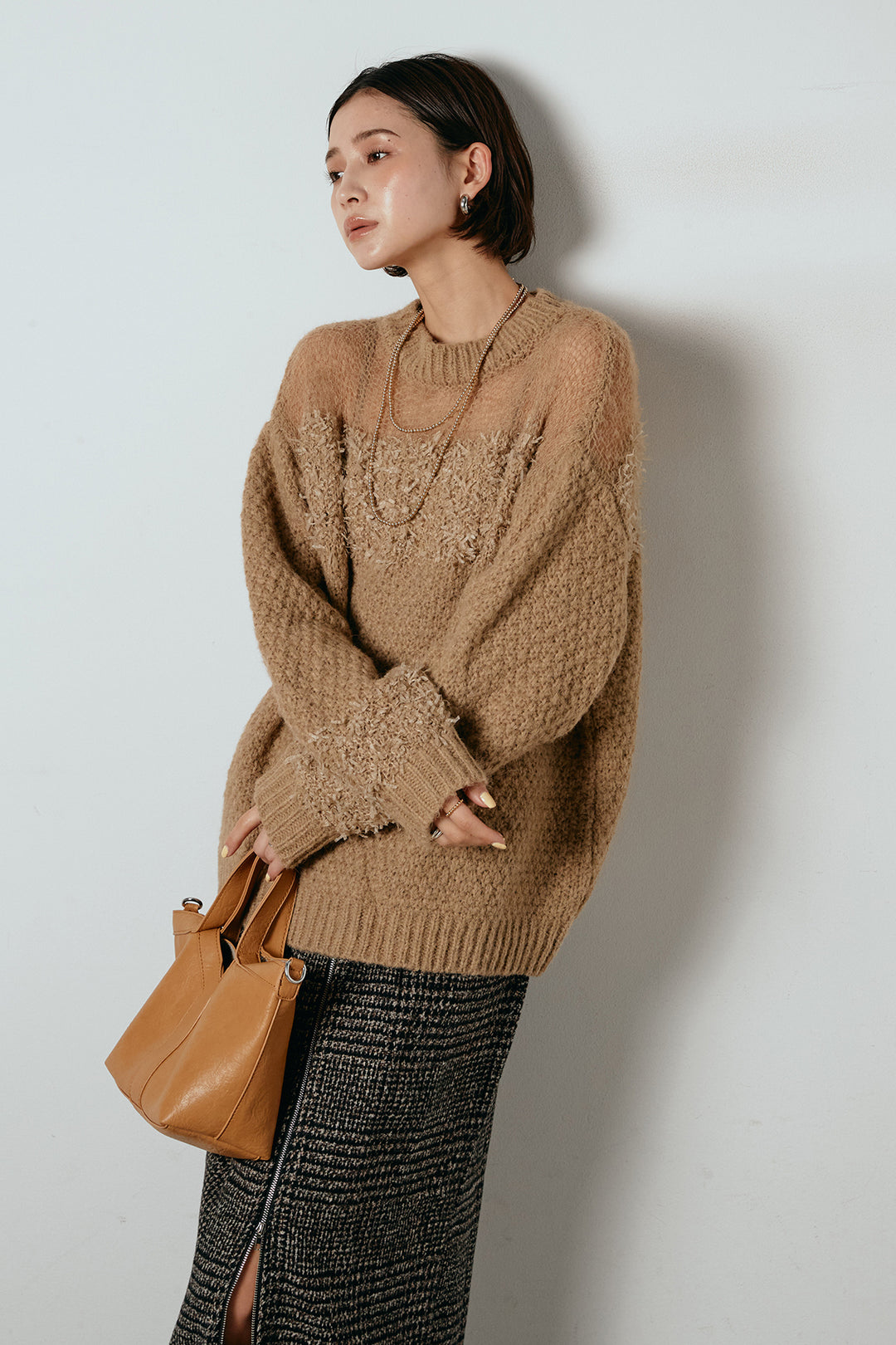 [SET]パターンランダム編みニットトップス+グレンチェック柄フロントジップタイトスカート(2set)