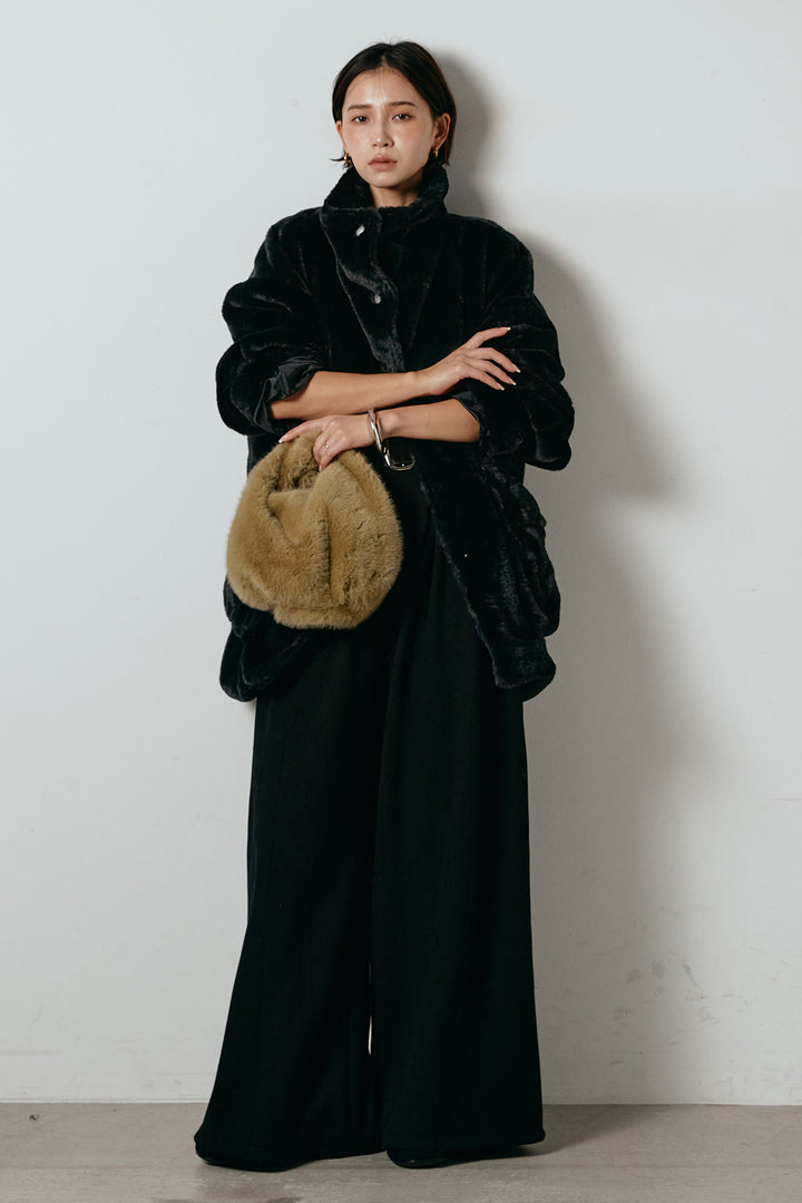 [SET]スタンドネックファーコート+フェイクレザー太ベルト付きタックワイドパンツ(2set)